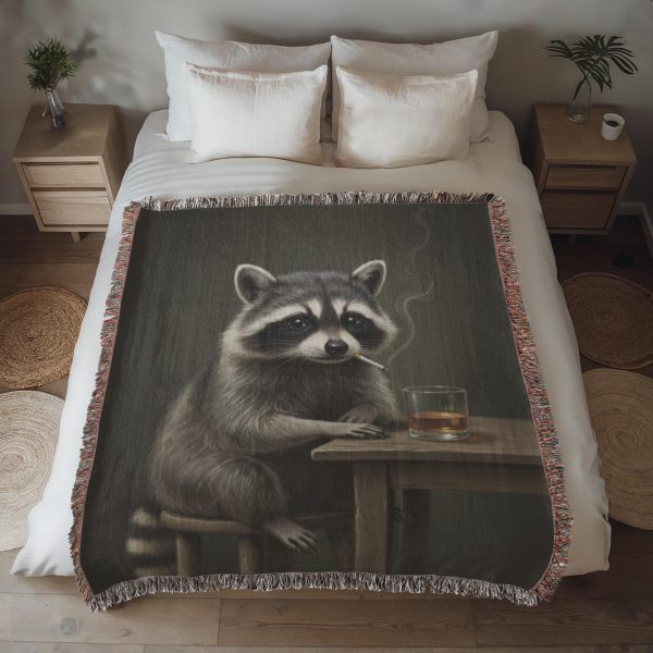 BROODING RACCOON WITH WHISKEY COTTON TAPESTRY THROW BLANKET