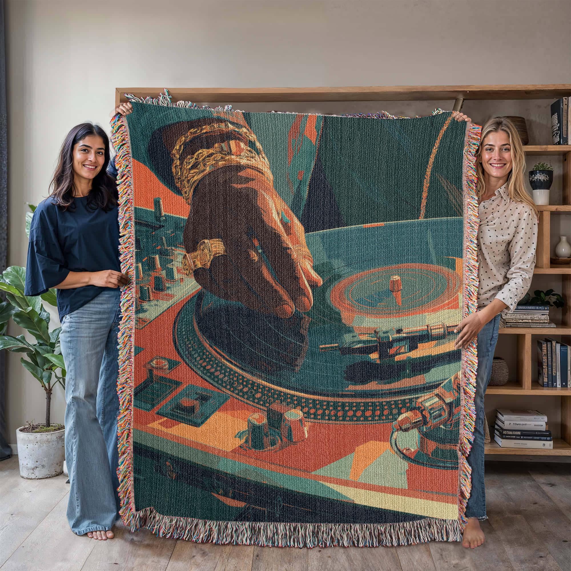 RETRO DJ TURNTABLE AND VINYL RECORD COTTON TAPESTRY THROW BLANKET - Image 2