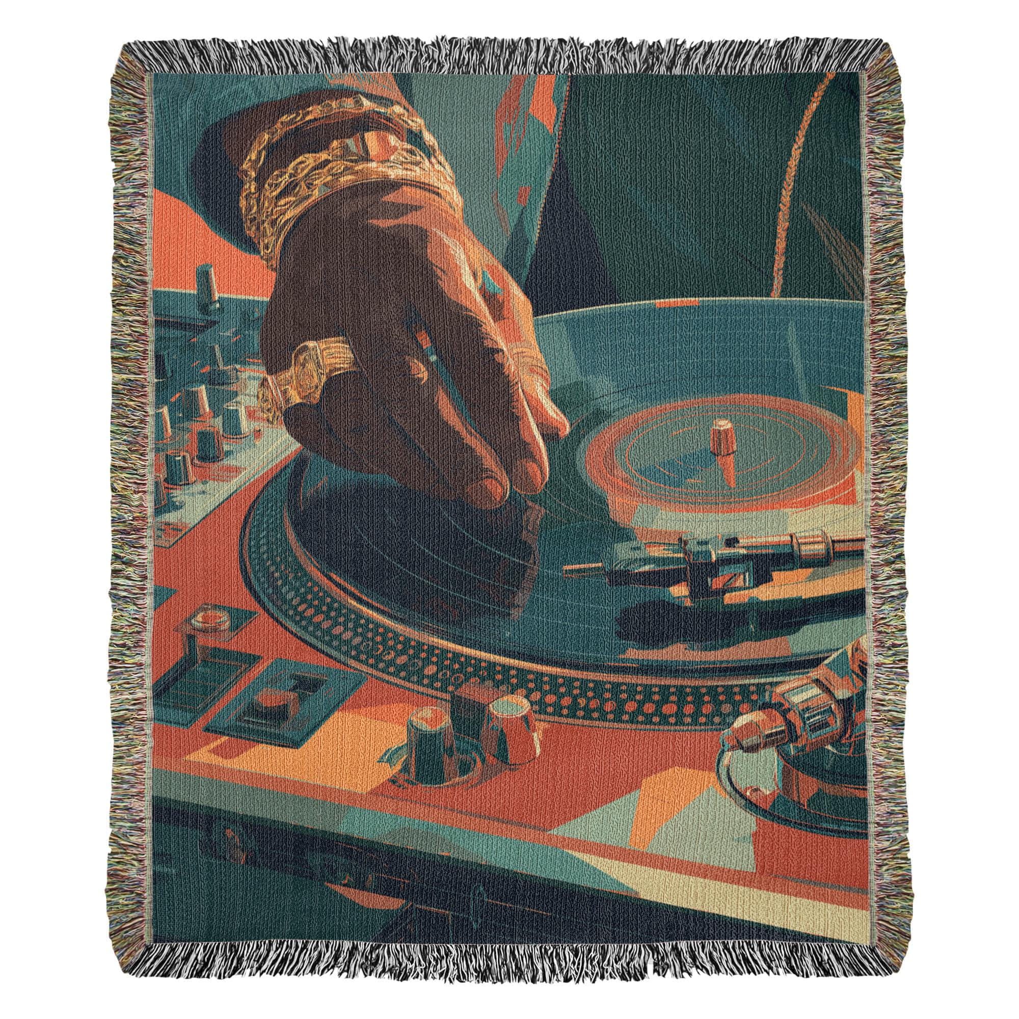 RETRO DJ TURNTABLE AND VINYL RECORD COTTON TAPESTRY THROW BLANKET - Image 3