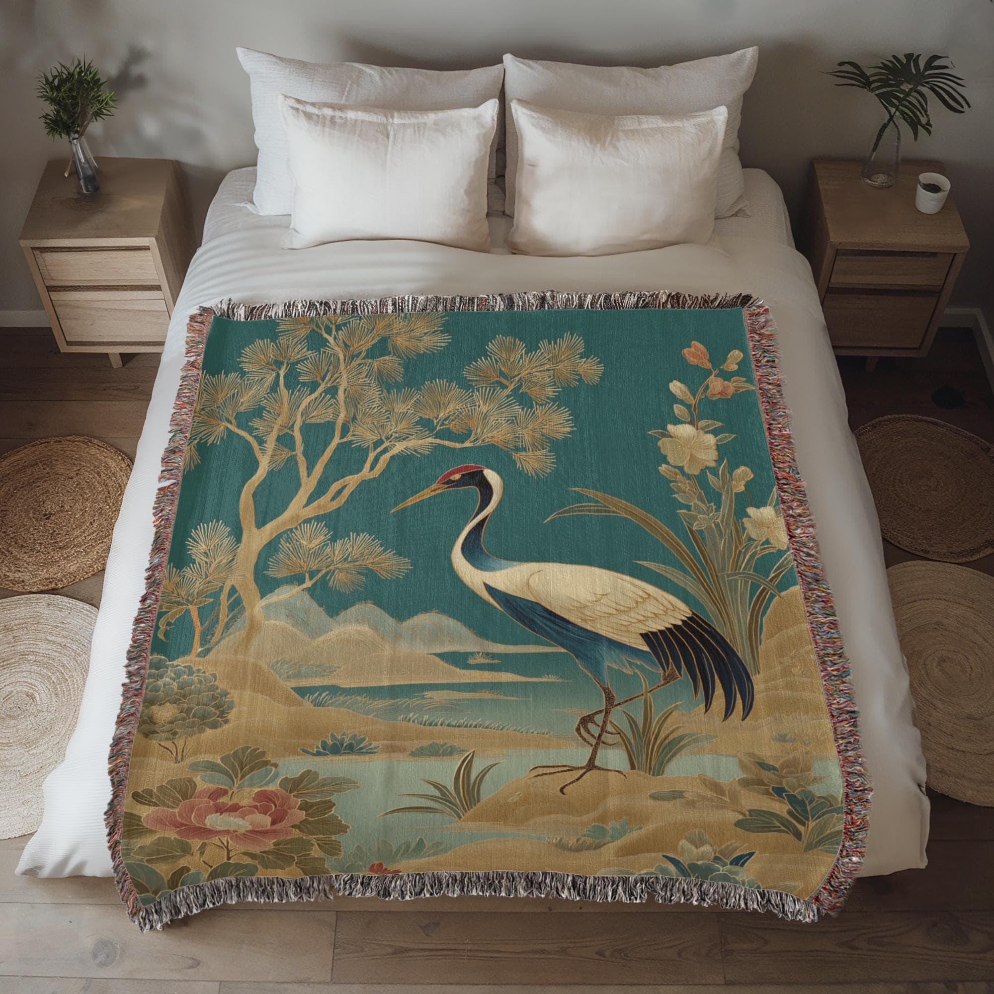 ELEGANT CRANE BY PINE AND LOTUS POND COTTON TAPESTRY THROW BLANKET