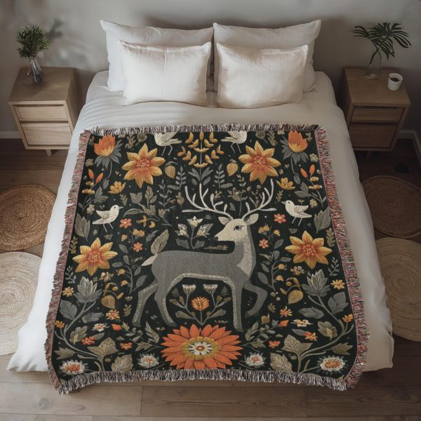 ENCHANTED FOREST DEER AND WILDFLOWERS COTTON TAPESTRY THROW BLANKET