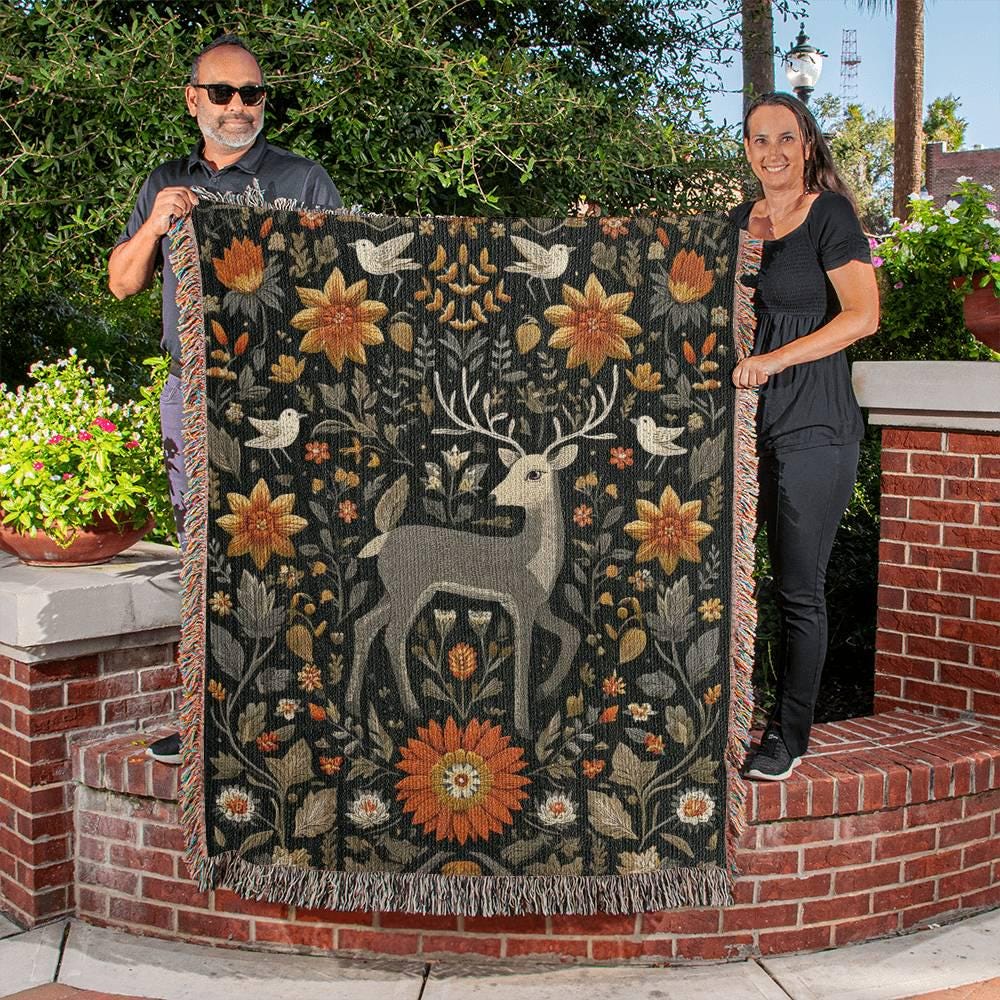 ENCHANTED FOREST DEER AND WILDFLOWERS COTTON TAPESTRY THROW BLANKET - Image 2