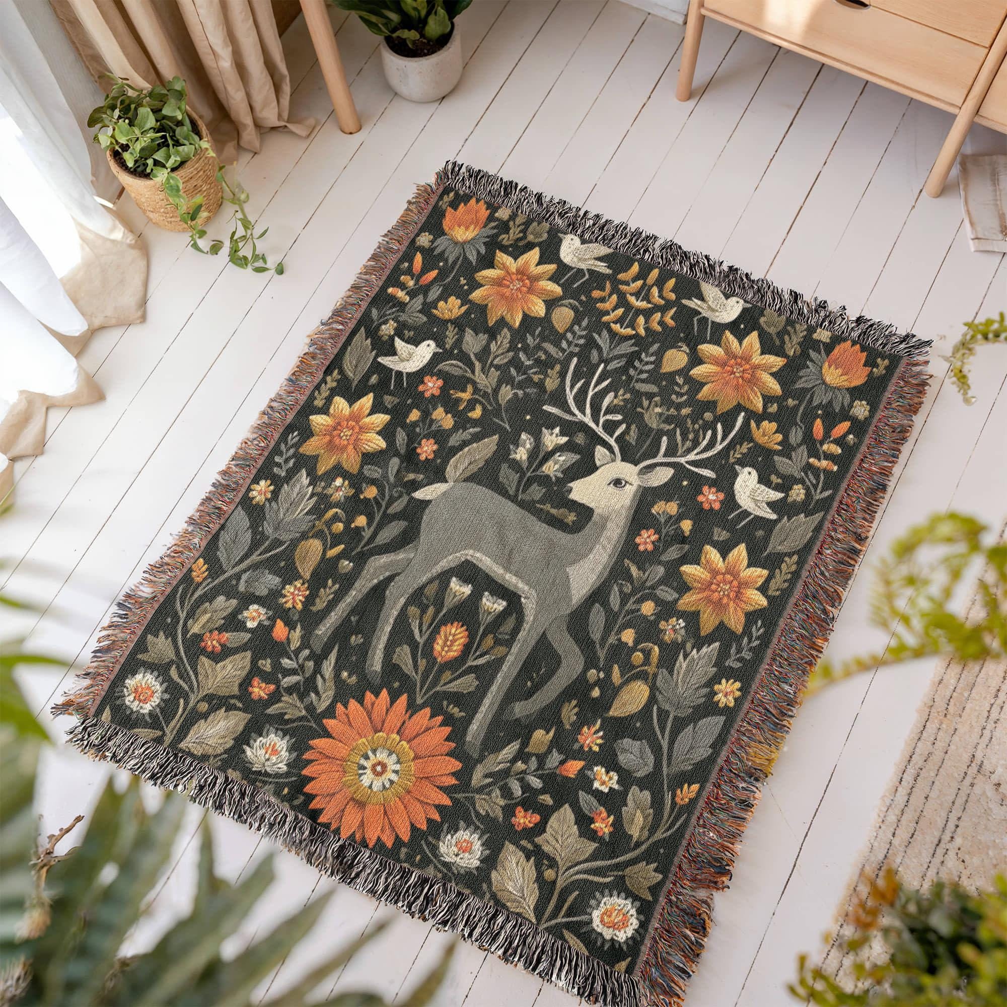 ENCHANTED FOREST DEER AND WILDFLOWERS COTTON TAPESTRY THROW BLANKET - Image 5