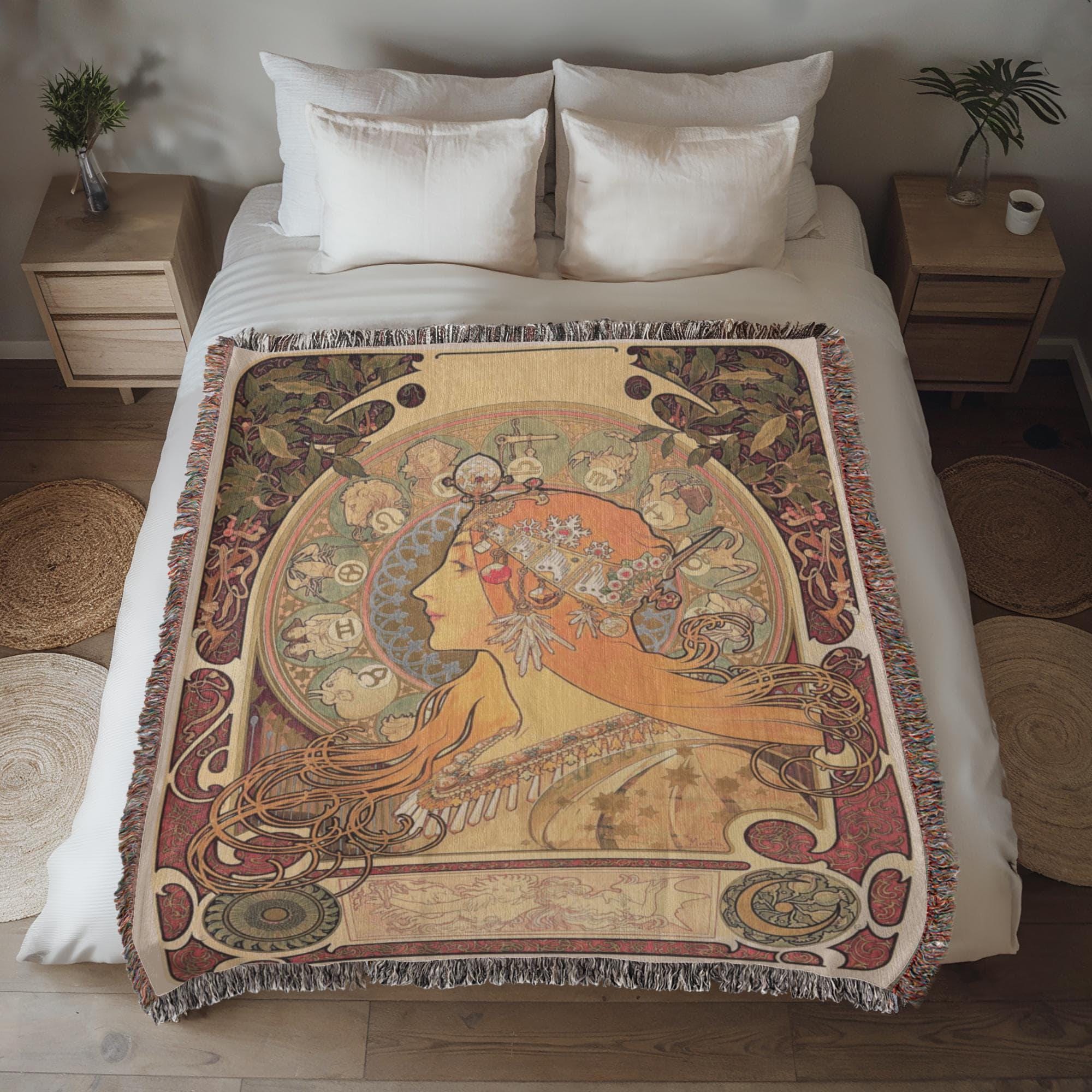 ART NOUVEAU ZODIAC MUSE COTTON TAPESTRY THROW BLANKET
