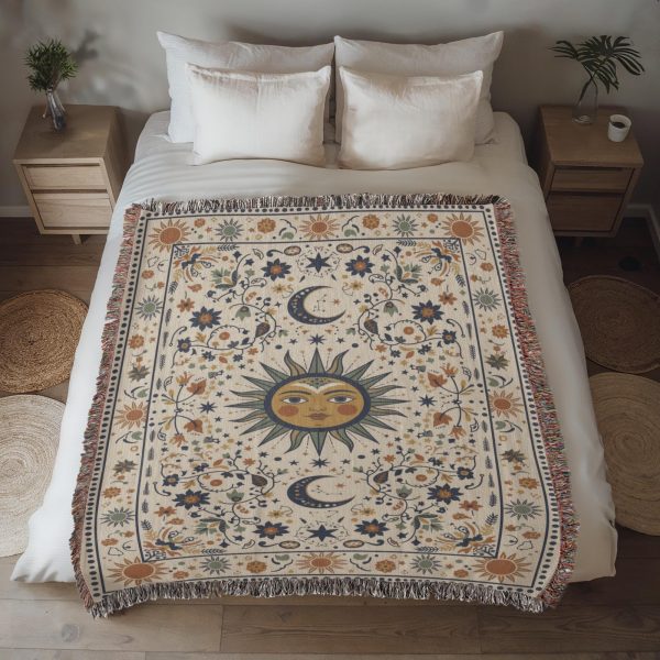 CELESTIAL SUN AND MOON BOTANICAL COTTON TAPESTRY THROW BLANKET