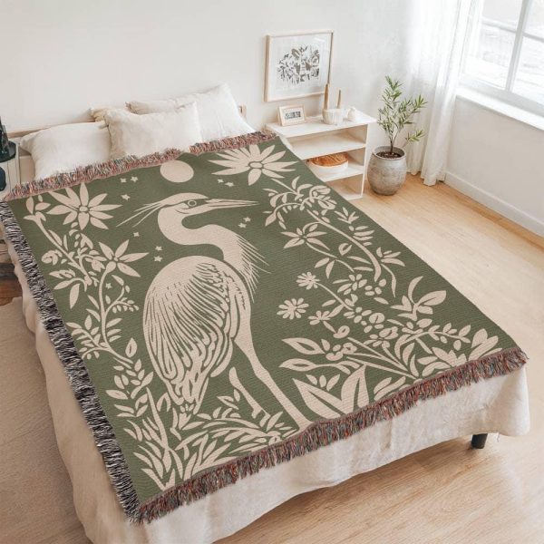 MOONLIT HERON BOTANICAL COTTON TAPESTRY THROW BLANKET