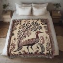 FOLK ART PEACOCK AND BOTANICAL TREE COTTON TAPESTRY THROW BLANKET