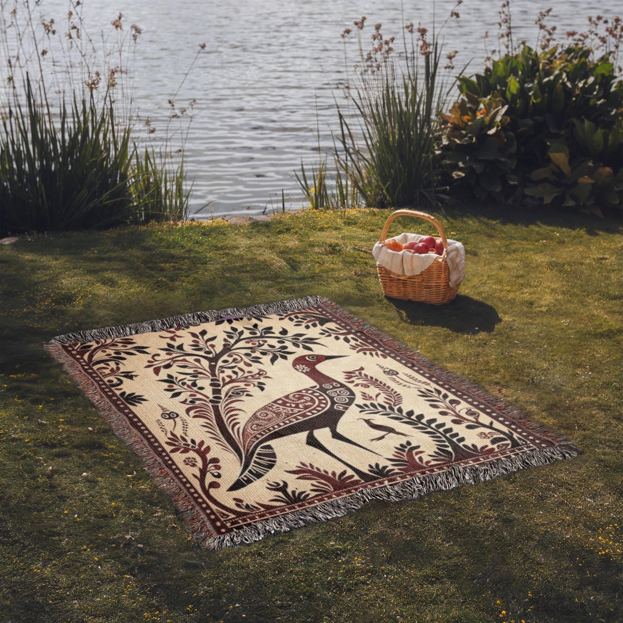 FOLK ART PEACOCK AND BOTANICAL TREE COTTON TAPESTRY THROW BLANKET - Image 2