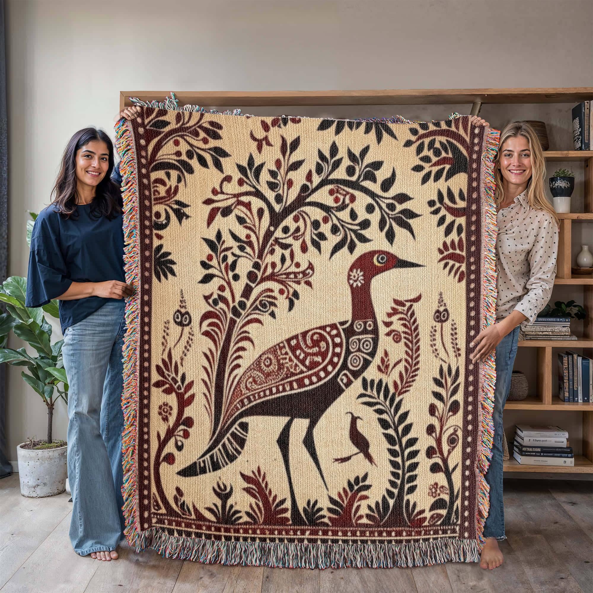 FOLK ART PEACOCK AND BOTANICAL TREE COTTON TAPESTRY THROW BLANKET - Image 4
