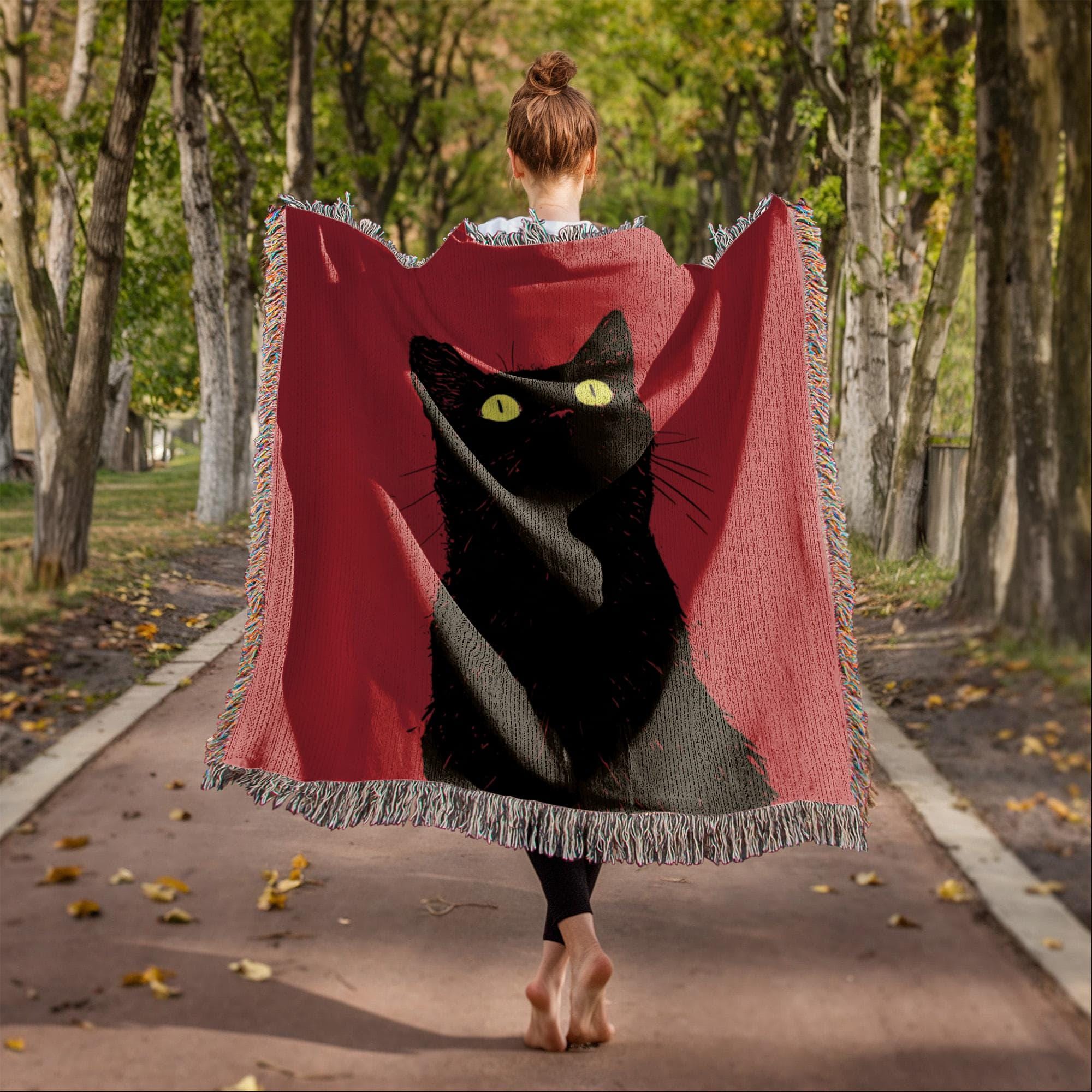 CURIOUS BLACK CAT PORTRAIT COTTON TAPESTRY THROW BLANKET - Image 2