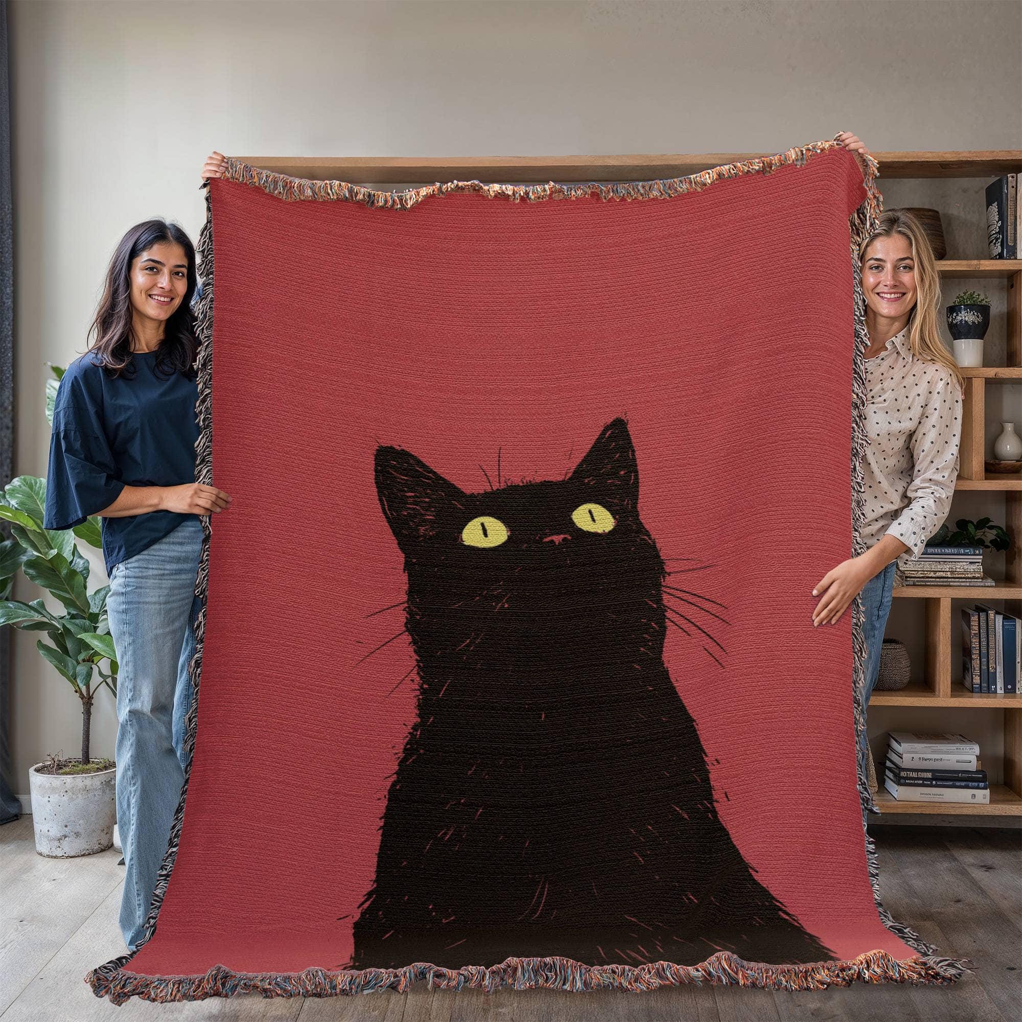 CURIOUS BLACK CAT PORTRAIT COTTON TAPESTRY THROW BLANKET - Image 3