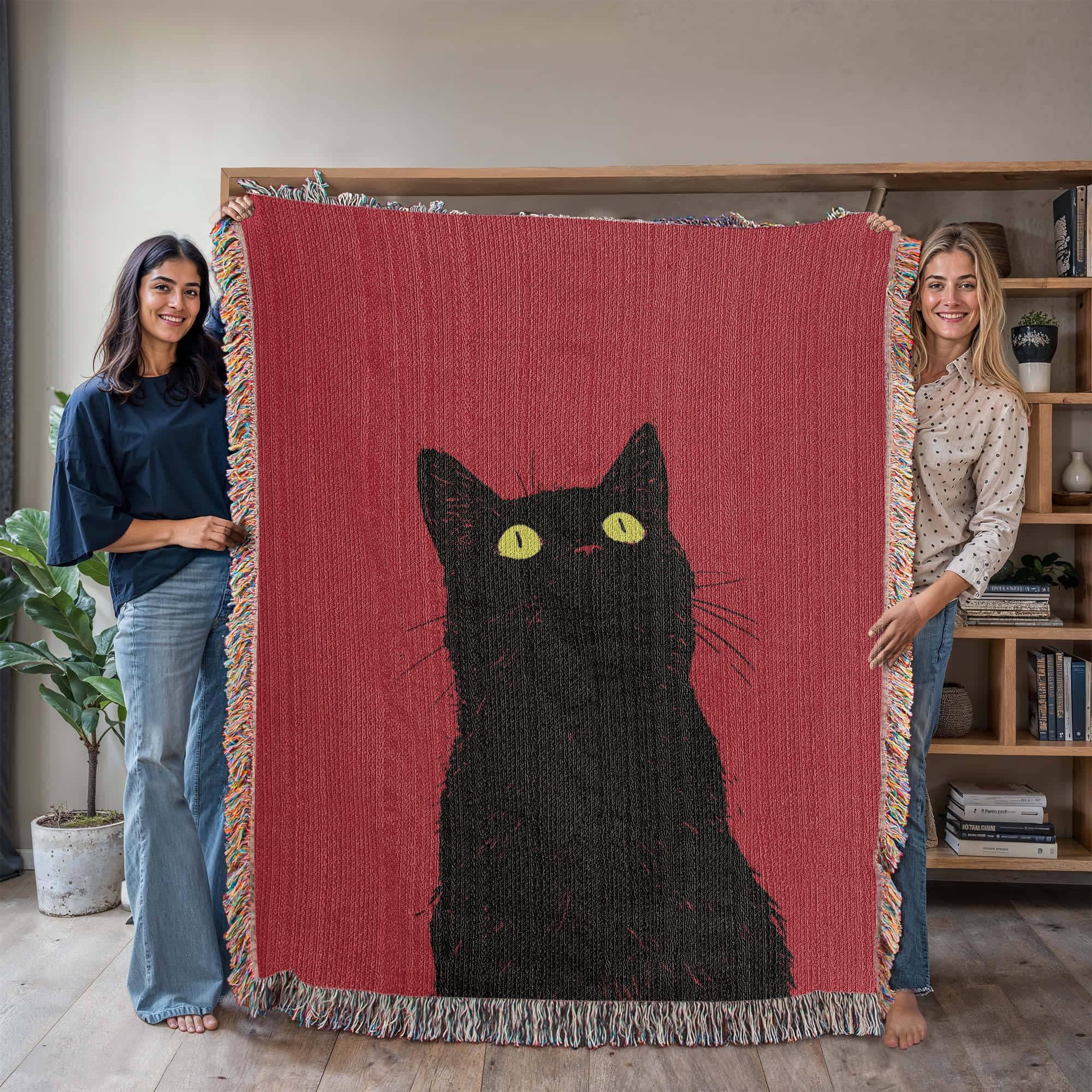 CURIOUS BLACK CAT PORTRAIT COTTON TAPESTRY THROW BLANKET - Image 4