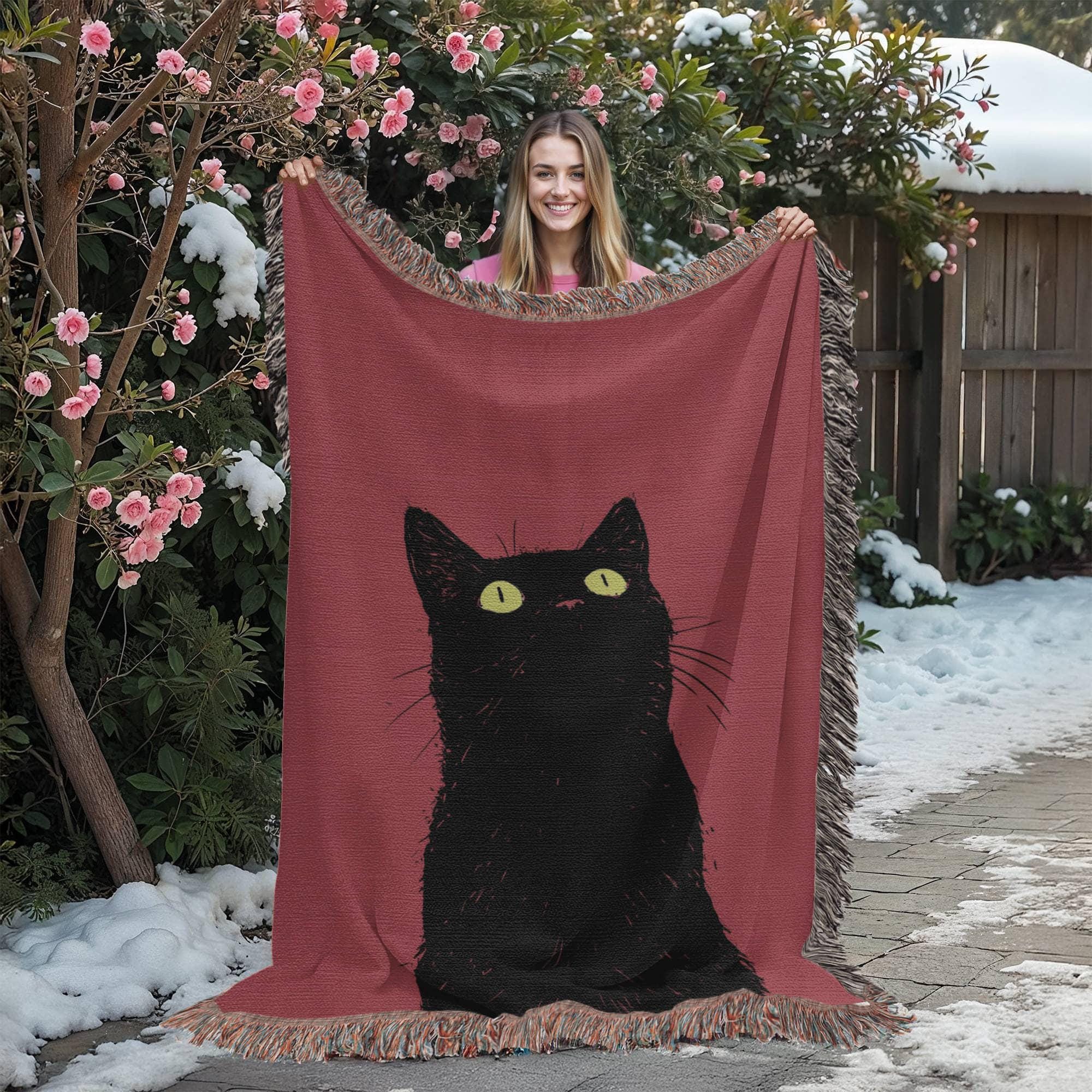CURIOUS BLACK CAT PORTRAIT COTTON TAPESTRY THROW BLANKET - Image 5