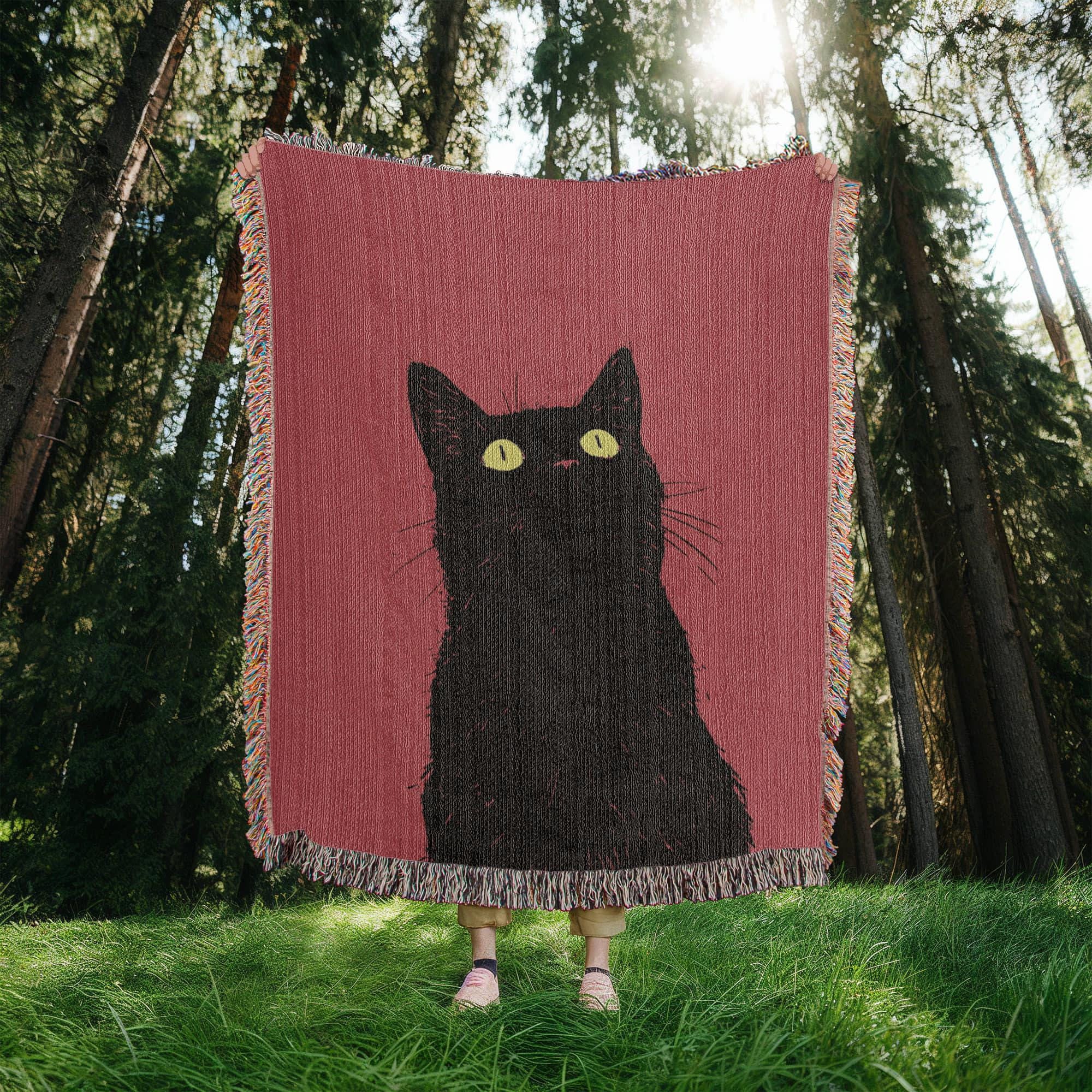 CURIOUS BLACK CAT PORTRAIT COTTON TAPESTRY THROW BLANKET - Image 6