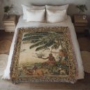 VINTAGE TROPICAL JUNGLE EXPEDITION COTTON TAPESTRY THROW BLANKET